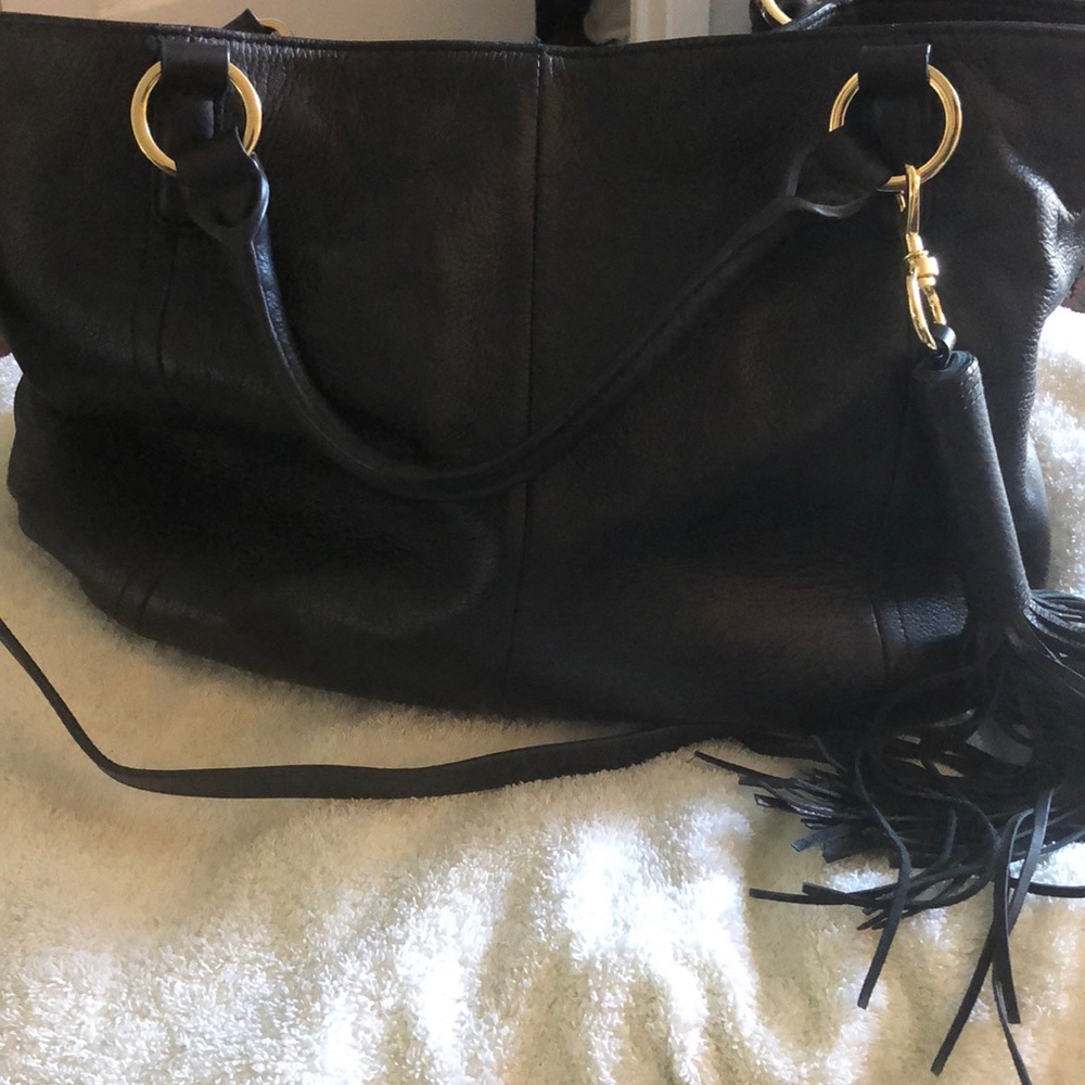 Large Black Leather Bag with Gold Hardware